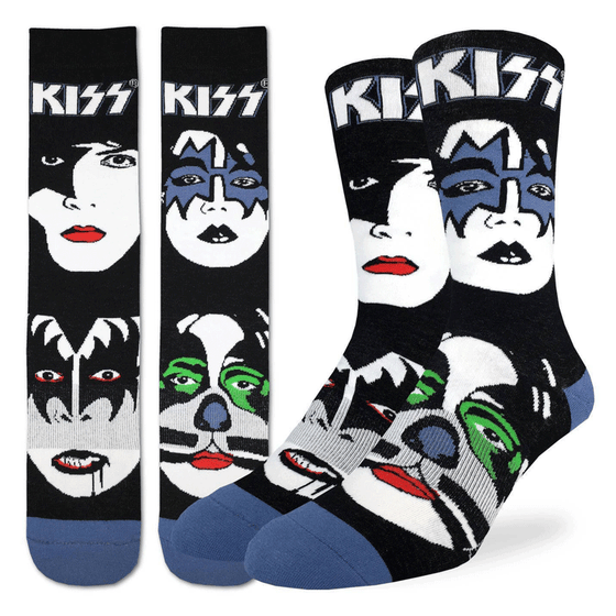 These fun socks feature the four iconic faces of the band KISS in full make up. The faces are on a black background with “KISS” written in white at the top of each sock. The toe and heel of the socks are blue. The active fit socks sport elastic arch bands to contour to your feet and provide support.