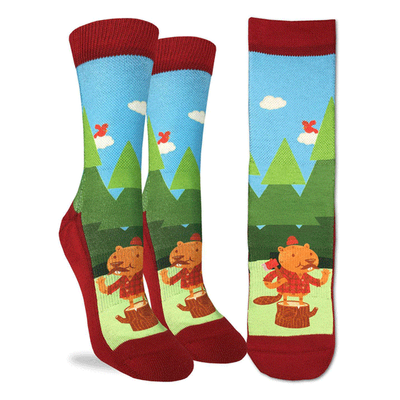 These fun socks feature a beaver dressed as a lumberjack red and black plaid shirt with an axe over its shoulder. The beaver stands waving on a tree stump with trees and a blue sky in the background. The active fit socks sport elastic arch bands to contour to your feet and provide support. 