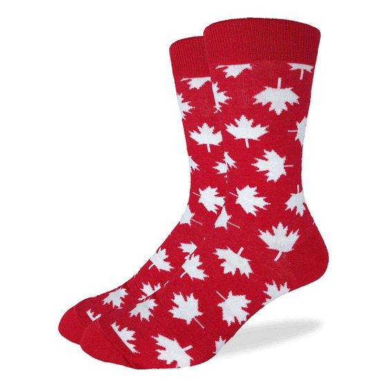 These fun socks feature white maple leaves over a base of bright red. Spandex added to the 85% cotton blend gives the socks the perfect amount of stretch to hug your feet. 