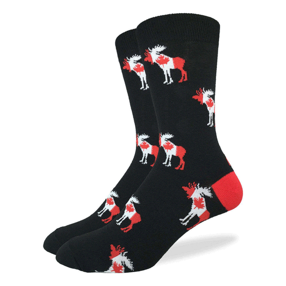 These fun socks feature moose silhouettes filled with the canadian flag on a base of black with a red heel. Spandex added to the 85% cotton blend gives the socks the perfect amount of stretch to hug your feet.