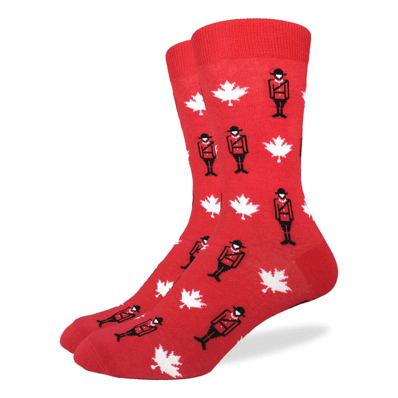 These fun socks feature white maple leaves and Canadian Mounties in uniform over a base of bright red. Spandex added to the 85% cotton blend gives the socks the perfect amount of stretch to hug your feet. 