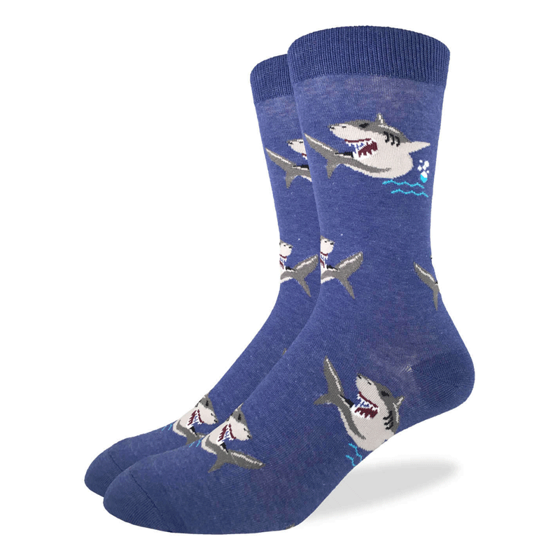These fun socks feature ferocious looking sharks swimming about with water splashing around them. The sharks are on a background of deep blue, while the toe, heel, rim are a slightly darker blue. Spandex added to the 85% cotton blend gives the socks the perfect amount of stretch to hug your feet.