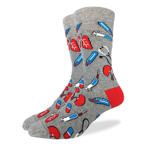These fun socks feature images related to the medical feels, such as thermometers, brains, and stethoscopes on a background of light grey with a red heel. Spandex added to the 85% cotton blend gives the socks the perfect amount of stretch to hug your feet.