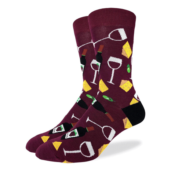 These fun socks feature a glass and bottle of wine, and a wedge of cheese, on a background of burgundy with a black heel. Spandex added to the 85% cotton blend gives the socks the perfect amount of stretch to hug your feet.