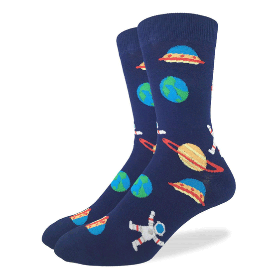 These fun socks feature cartoon images of the earth, saturn, a saucer shaped UFO, and a man in a space suit floating around on a dark blue background. Spandex added to the 85% cotton blend gives the socks the perfect amount of stretch to hug your feet.