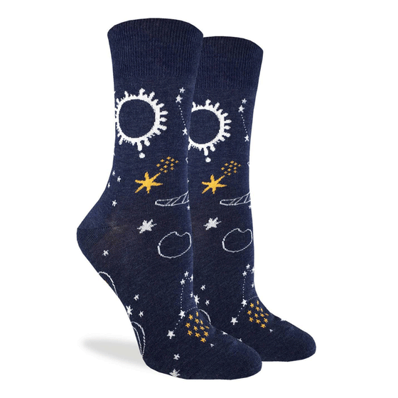 These fun socks feature white and yellow stars, moons, planets, and constellations on a dark blue background. Spandex added to the 85% cotton blend gives the socks the perfect amount of stretch to hug your feet.