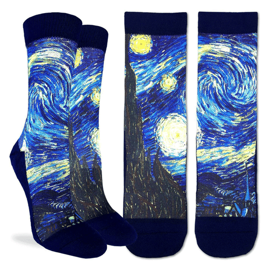 These fun socks feature a print of the famous painting “Starry Night” by Vincent van Gogh. The sole, toe, heel, and rim of the socks are black. The active fit socks sport elastic arch bands to contour to your feet and provide support. 