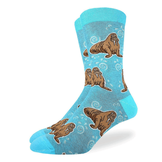 These fun socks feature large brown walruses sitting on a light blue background with white swirls and splashes, with a bright blue toe, heel, and rim. Spandex added to the 85% cotton blend gives the socks the perfect amount of stretch to hug your feet.