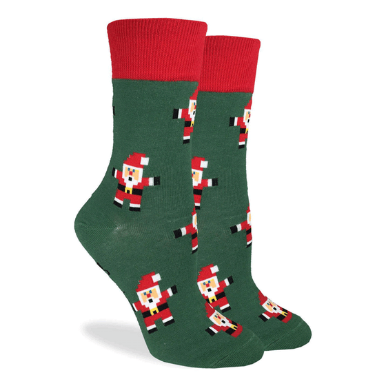 These festive socks feature an 8-bit style Santa Clause on a green background with a bright red rim. Spandex added to the 85% cotton blend gives the socks the perfect amount of stretch to hug your feet.
