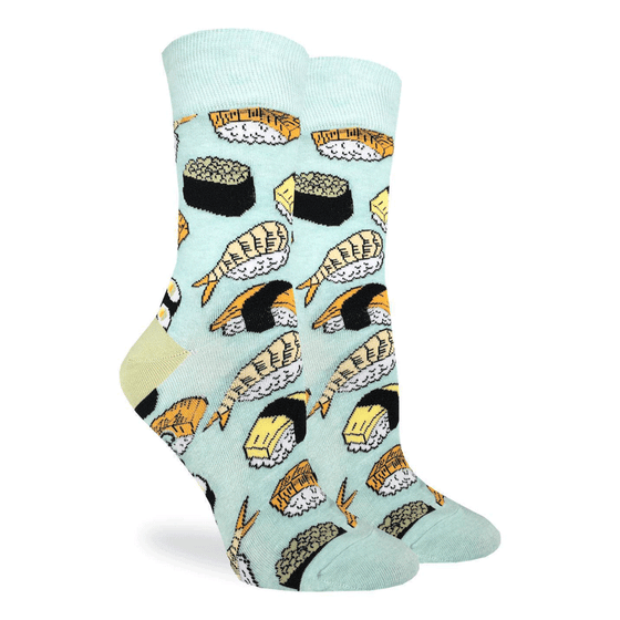 These fun socks feature various types of sushi on a light blue background with a light green heel. Spandex added to the 85% cotton blend gives the socks the perfect amount of stretch to hug your feet.