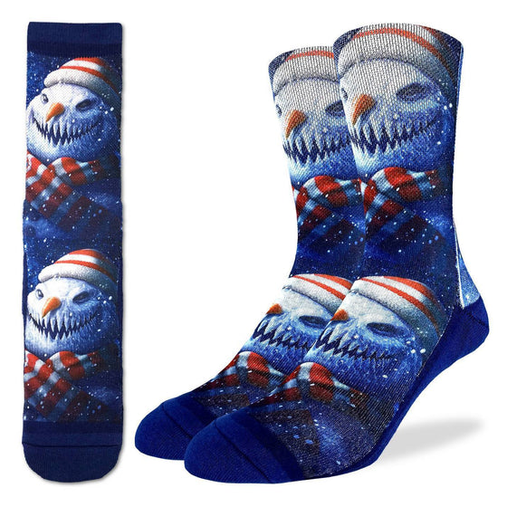 These fun socks feature the image of a snowman, with a hat, scarf, and carrot nose, and pointed teeth forming an evil smile. The image, printed twice, is on a background of a clear, starry sky. The active fit socks sport elastic arch bands to contour to your feet and provide support.