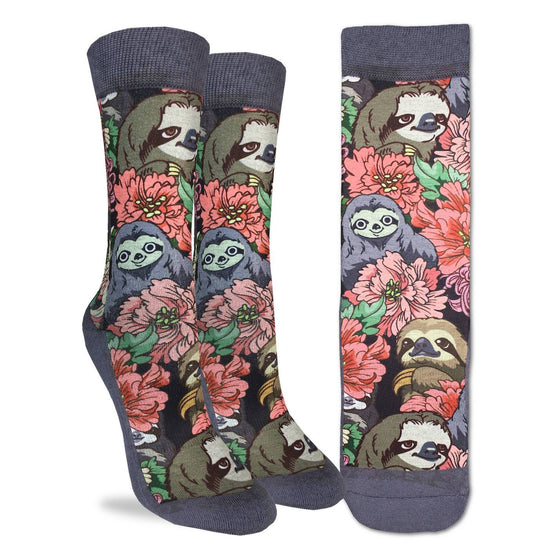 These adorable socks feature smiling three-toed sloths among pink flowers and green leaves. The sole, toe, heel, and rim of the socks are a purple tinted grey. The active fit socks sport elastic arch bands to contour to your feet and provide support. 