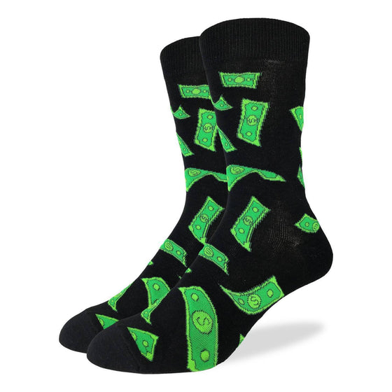 These sun socks feature green cartoon dollar bills flying around on a black background. Spandex added to the 85% cotton blend gives the socks the perfect amount of stretch to hug your feet.