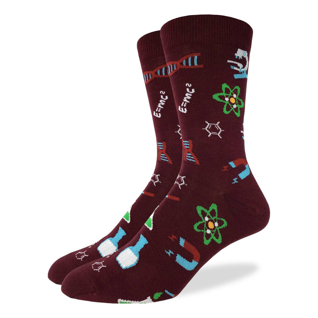These fun socks feature things that would be found in a science lab, such as a beaker of liquid, a microscope, and a DNA model, among other things. The images are on a burgundy background. Spandex added to the 85% cotton blend gives the socks the perfect amount of stretch to hug your feet.