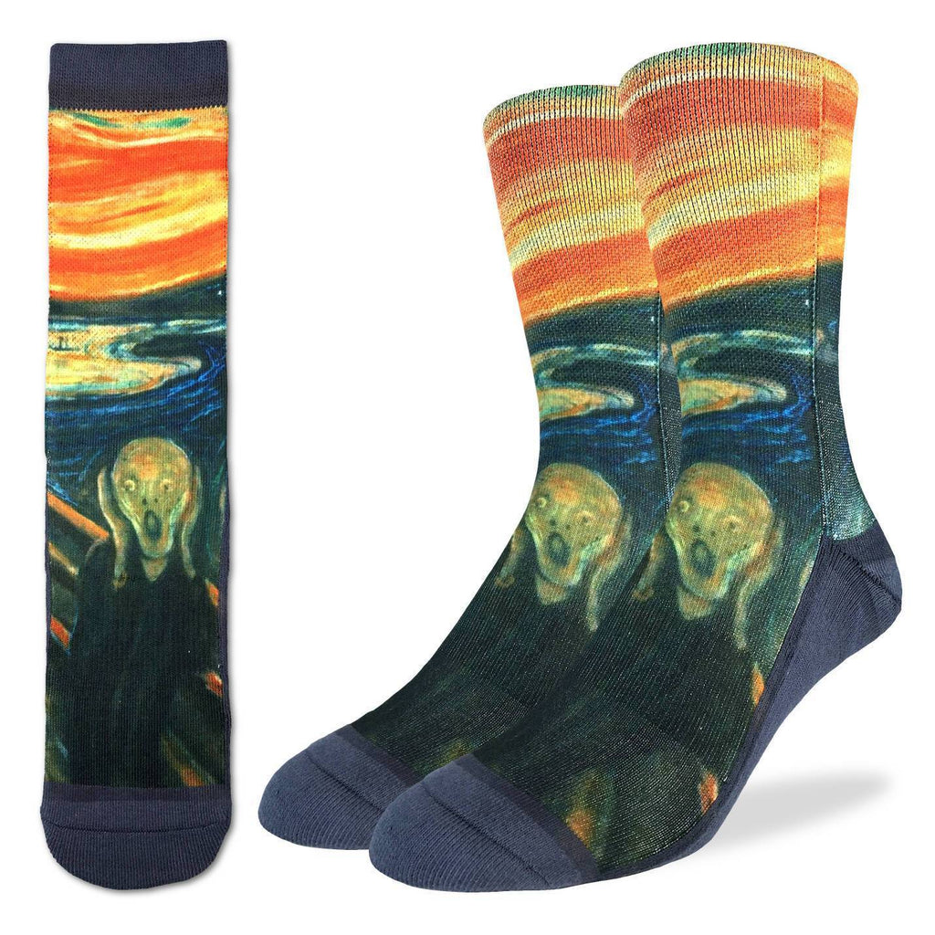 These fun socks feature a print of the famous painting “The Scream” by Edvard Munch in 1893. The sole, toe, and heel of the socks are a deep navy blue. The active fit socks sport elastic arch bands to contour to your feet and provide support.