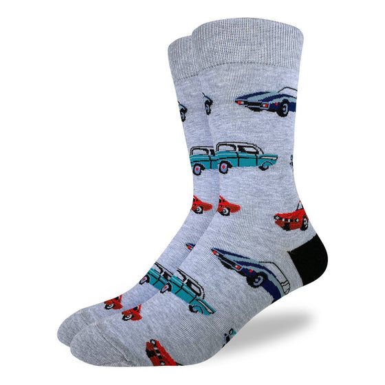These fun socks feature three types of classic cars in red, blue, and turquoise on a speckled grey background with black heels. Spandex added to the 85% cotton blend gives the socks the perfect amount of stretch to hug your feet.