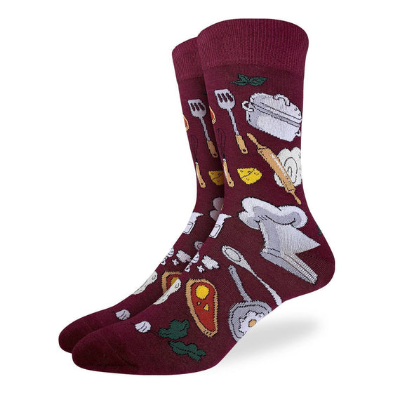 These fun socks feature items every chef needs, such a spatula, a pot, a wedge of cheese, and a chef’s hat. These items are on a deep burgundy background. Spandex added to the 85% cotton blend gives the socks the perfect amount of stretch to hug your feet.