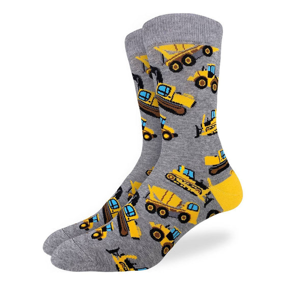 These fun socks feature construction vehicles such as bulldozers, loaders, excavators, and cement mixers, all coloured bright yellow, on a speckled grey background. Spandex added to the 85% cotton blend gives the socks the perfect amount of stretch to hug your feet.