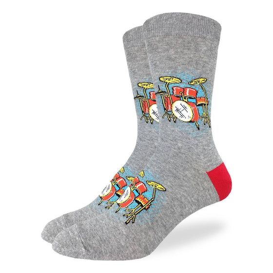 These fun socks feature red drum sets with a blue glow from behind them on a light grey speckled background with a red heel. Spandex added to the 85% cotton blend gives the socks the perfect amount of stretch to hug your feet.