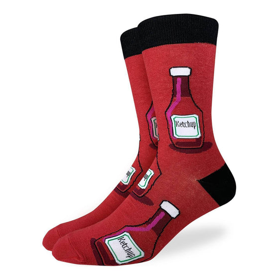 These funs socks feature red ketchup bottles with a white label and cap on a red background with black heel and rim. Spandex added to the 85% cotton blend gives the socks the perfect amount of stretch to hug your feet.
