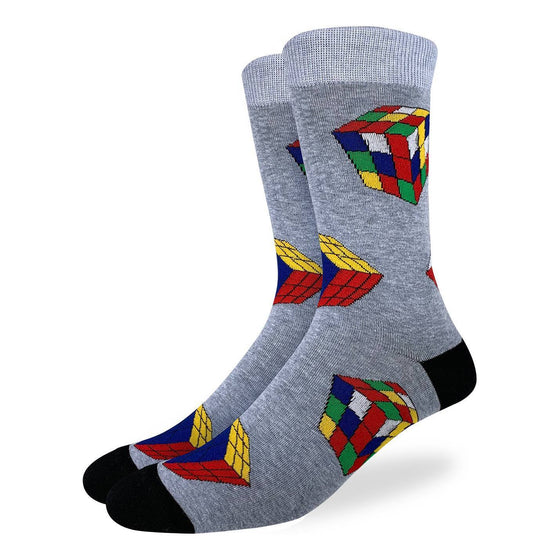 These fun socks feature Ribkic’s cubes, completed and mixed up, on a speckled grey background with a lighter grey rim, and black toe and heel. Spandex added to the 85% cotton blend gives the socks the perfect amount of stretch to hug your feet.