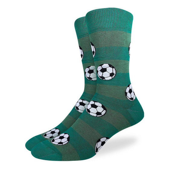 These fun socks feature soccer balls on a background imitating the light and dark green stripes of a soccer field. Spandex added to the 85% cotton blend gives the socks the perfect amount of stretch to hug your feet.