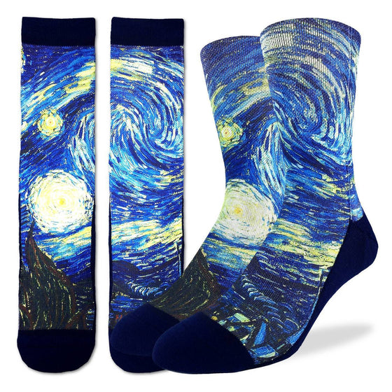 These fun socks feature a print of the famous painting “Starry Night” by Vincent van Gogh. The sole, toe, heel, and rim of the socks are black. The active fit socks sport elastic arch bands to contour to your feet and provide support. 