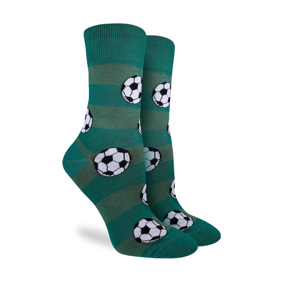 These fun socks feature soccer balls on a background imitating the light and dark green stripes of a soccer field. Spandex added to the 85% cotton blend gives the socks the perfect amount of stretch to hug your feet.