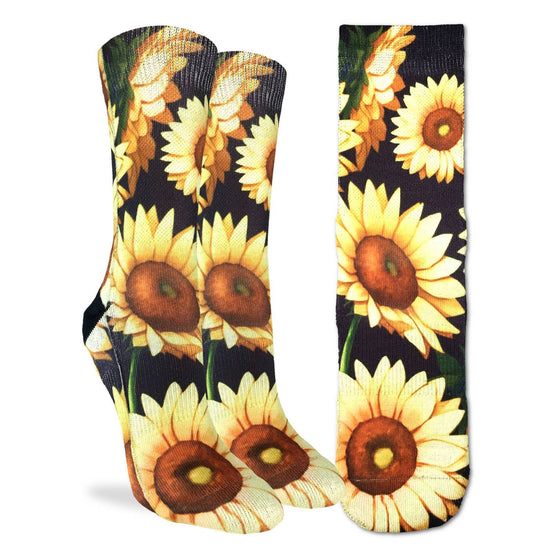 These fun socks feature images of sunflowers on a black background. The active fit socks sport elastic arch bands to contour to your feet and provide support. 