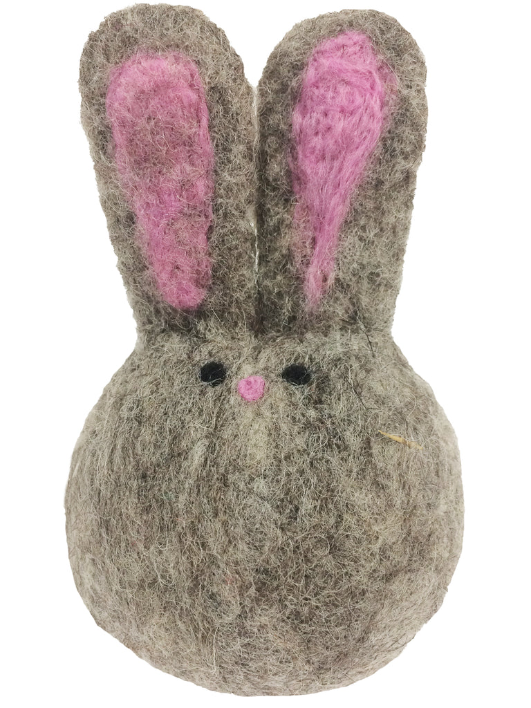 A grey variant of the felted rabbit ornament.