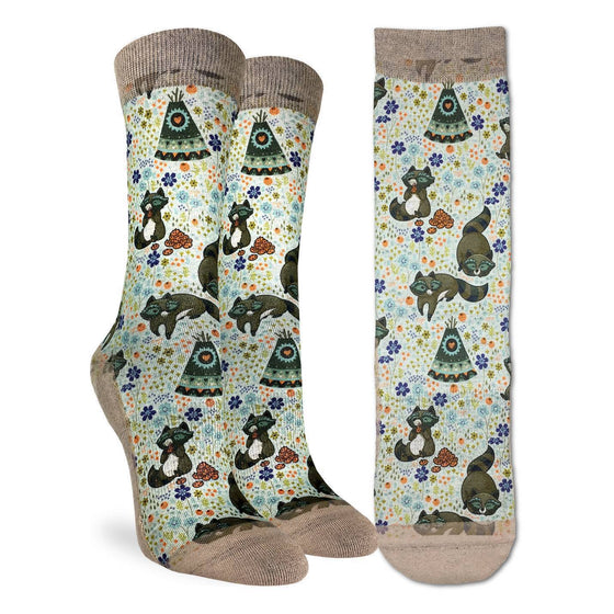 These fun socks feature happy racoons hopping sound, napping, and munching on cookies on a light cream coloured background with colourful flowers. The sole, toe, heel, and rim of the sock is a tan colour. The active fit socks sport elastic arch bands to contour to your feet and provide support. 