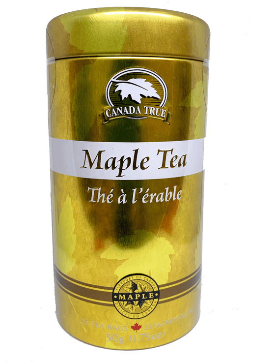 Reusable yellow tin. Tin is embossed on the sides and on the lid with words “Maple Tea”. Tin has lighter yellow maple leaves as background decoration. 
