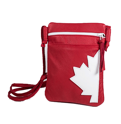 Red side purse with half of a white maple leaf on one side of the side of the bag. Has a white zipper with a red tassle. Long adjustable string to change length. 