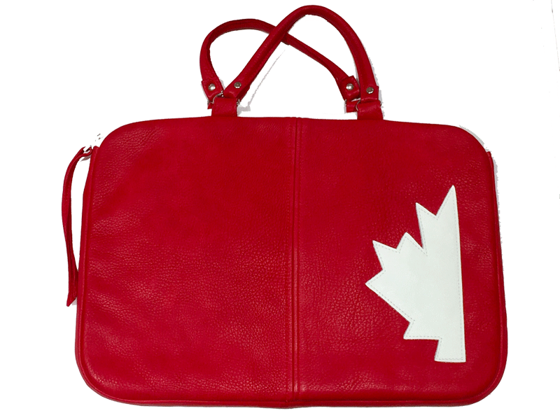 A red leather laptop bag with half a white maple leaf stitched on the right side.