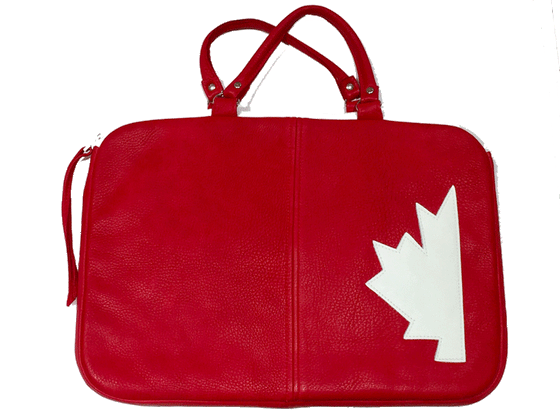 A red leather laptop bag with half a white maple leaf stitched on the right side.