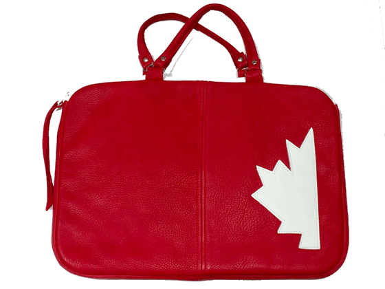 A red leather laptop bag with half a white maple leaf stitched on the right side. The bag has two top handles and a zipper closure with a long red tassel. The leather looks soft but sturdy. 