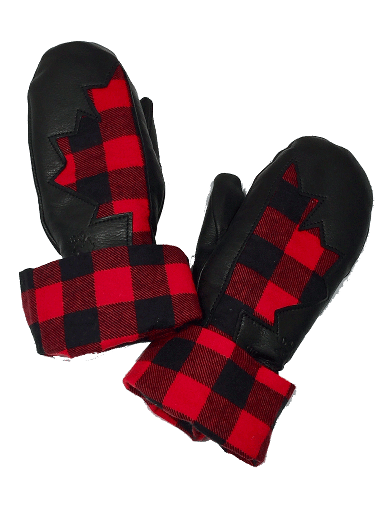 Two black leather deerskin mittens with cotton detailing. Each glove has half of a maple leaf stitched in buffalo plaid cotton on the back. The wrist warmer is also lined in buffalo plaid cotton. The leather looks soft but sturdy.