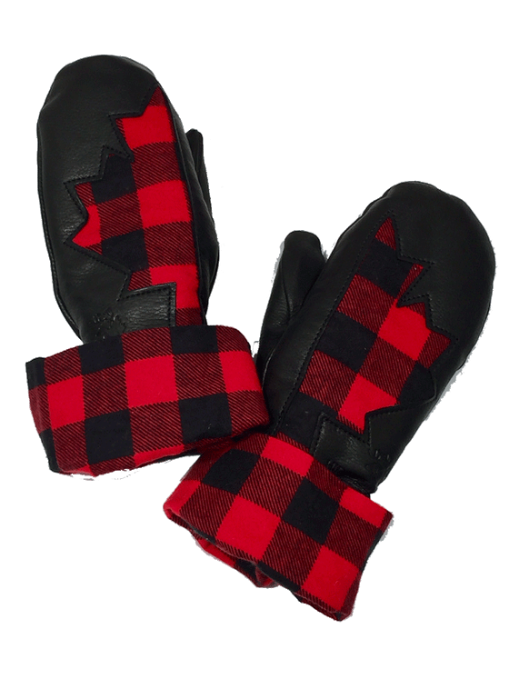 Two black leather deerskin mittens with cotton detailing. Each glove has half of a maple leaf stitched in buffalo plaid cotton on the back. The wrist warmer is also lined in buffalo plaid cotton. The leather looks soft but sturdy.