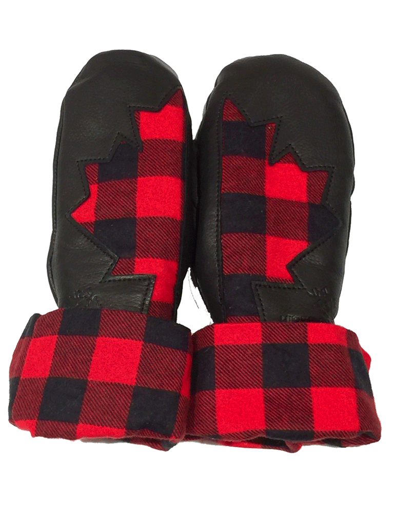 The checkered deerskin mittens lying thumb to thumb. Lying like this, the two half maples leaves on the back form one whole leaf.