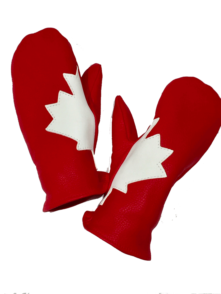 Two red deerskin leather mittens, each with half of a white maple leaf sewn onto its back. The mittens flare slightly at the wrist to allow them to fit over winter clothes or jackets. The leather looks soft but sturdy.