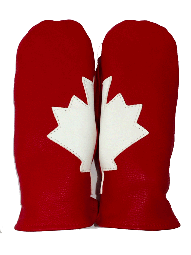 Two red deerskin mittens sitting thumb to thumb. Lying together like this, the white half maple leaves form one whole leaf.