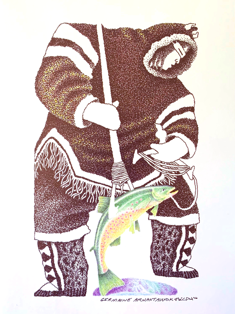 This Inuit art print features a fisherman wearing warm winter clothing and a traditional Inuit sun visor. He holds a fishing ling in his left and a fishing spear in his right. He is hauling up a green trout from an ice fishing hole using the spear.
