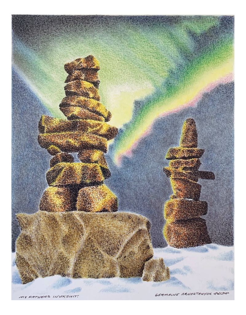 Two sturdy Inuksuhuk standing in the snow and northern light in the background. 