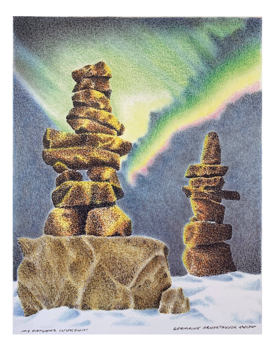 This print shows two sturdy Inuksuhuk standing in the snow and northern light in the background.