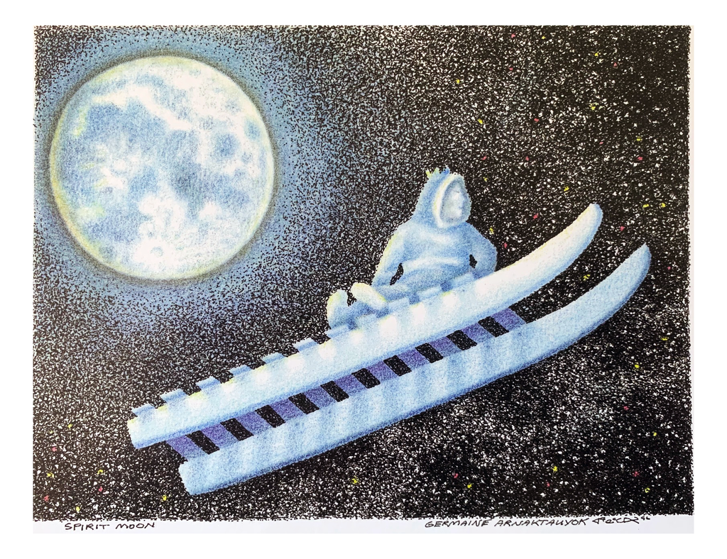 This print features a spirit sleighing through a star-filled sky with a bright full moon in a winter night. Streams of tiny white dots in the sky give the impression of powdery snow or even the milky way.
