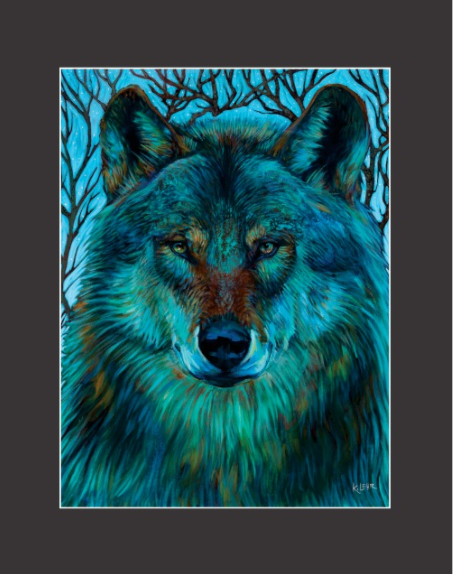 A painterly yet realistic painting of a wolf's head using cool blue and russet tones. 