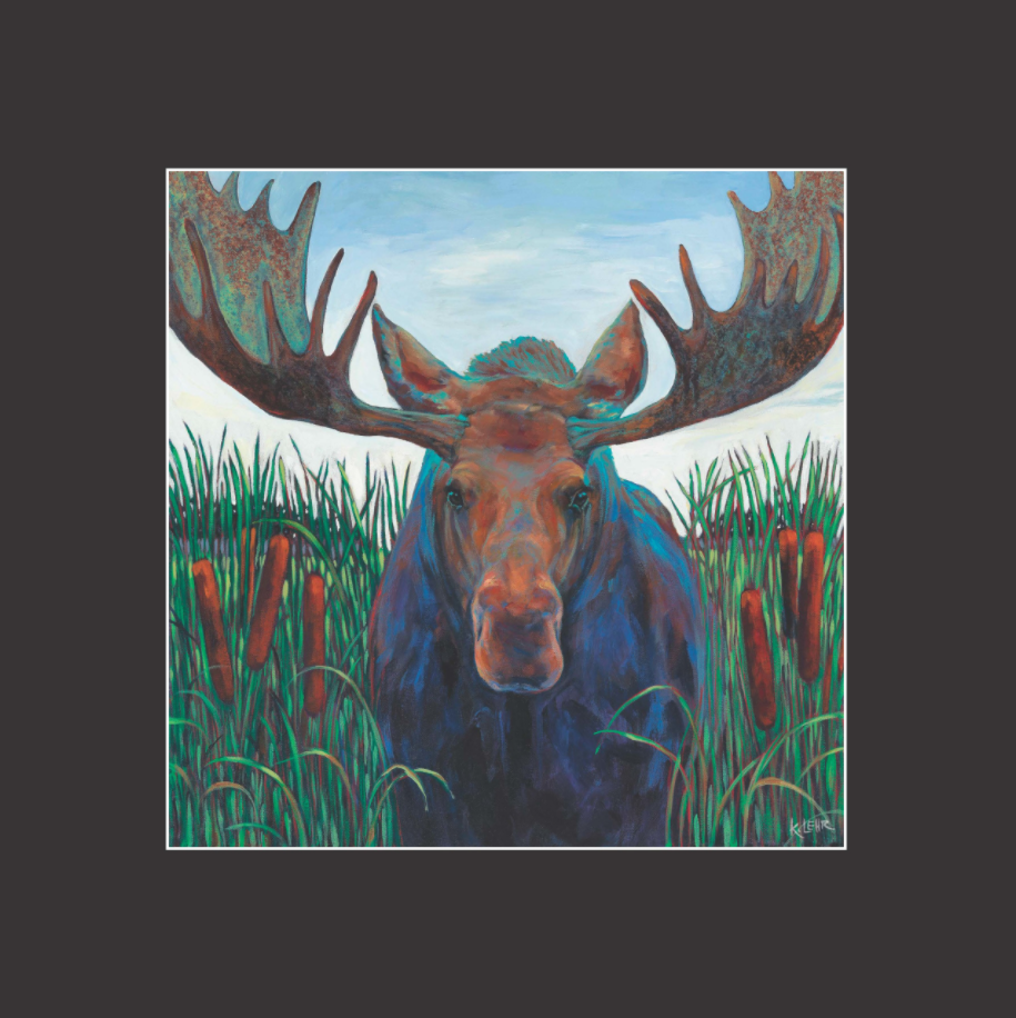 A painterly yet realistic depiction of a moose wading through cattails. Striking blue and green shadows contrast with the warm brown of the moose's face.