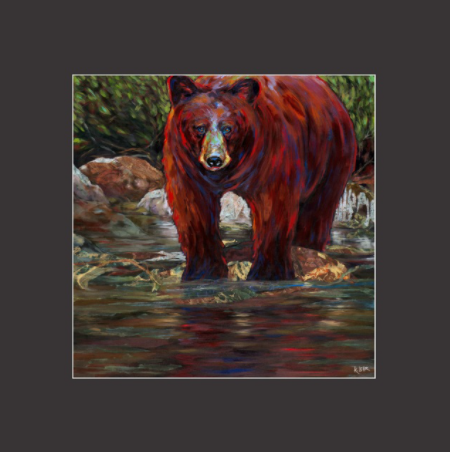 A painterly yet realistic depiction of a brown bear at the edge of a stream. 