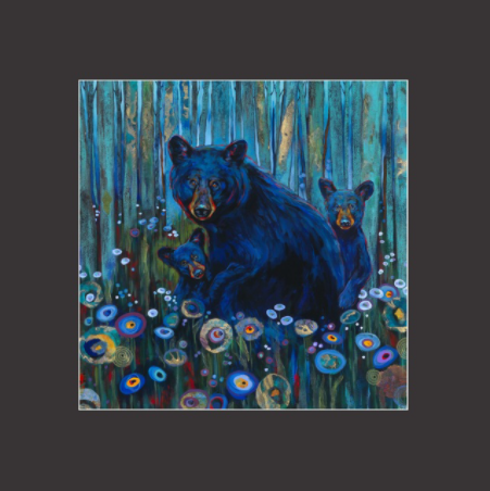 A painterly yet realistic depiction of a mother black bear and her two cubs. The bears are sitting among flowers and trees. They look blue in the pale morning light.