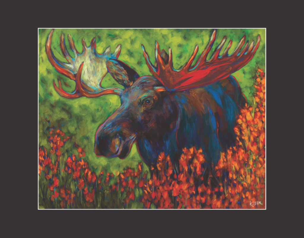 A painterly yet realistic depiction of a moose on a green background. The moose is looking over  some orange flowers. Streaks of red and blue in the moose's fur give this piece a vibrant appearance.